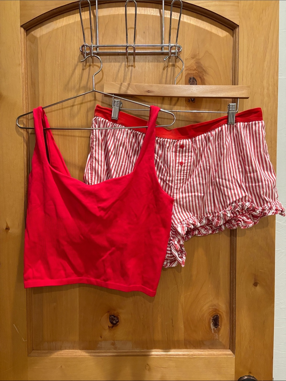PINK Victoria's Secret Red Tank & Red-White Striped Ruffle Shorts Sleep Set